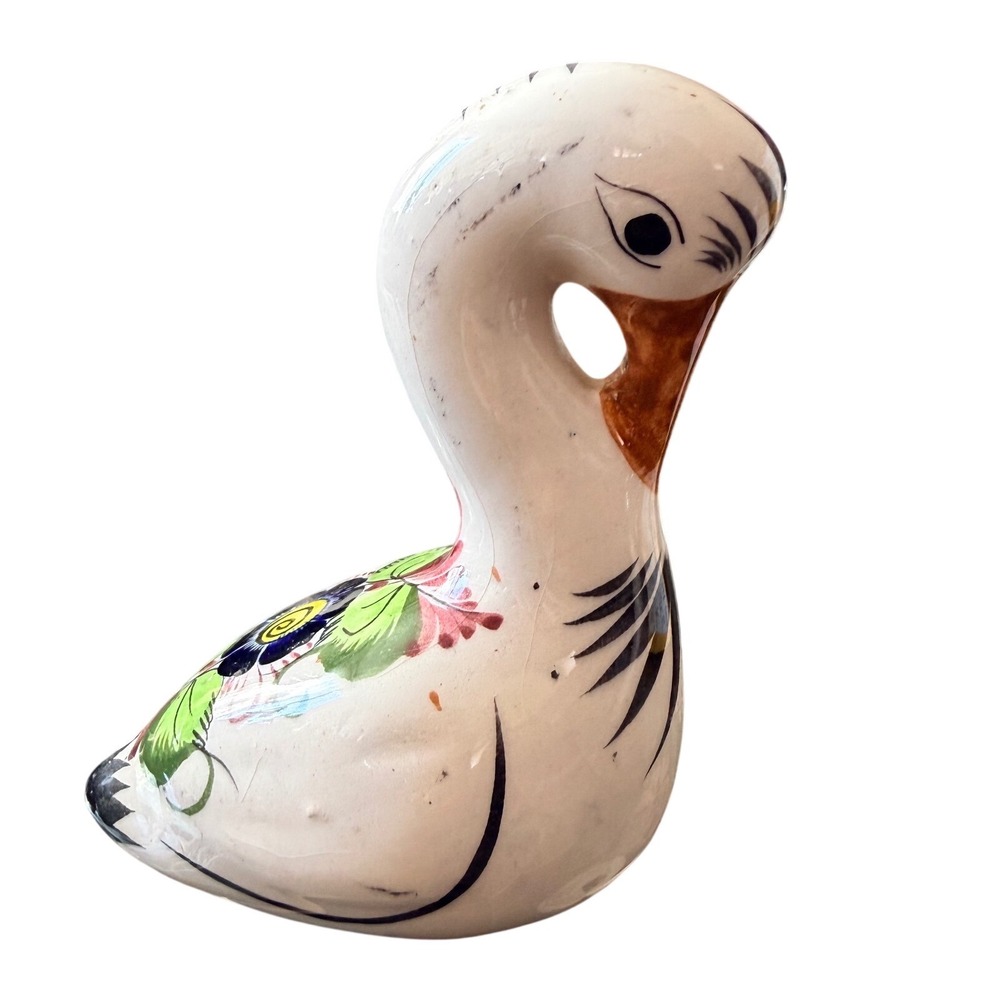 Vintage Tonala Mexican Pottery Duck Figurine Hand Painted Folk Art El Palomar
